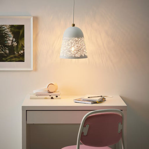 IKEA SOLSKUR pendant lamp, white and brass-colour, providing warm ambient lighting in a bedroom 20440847
