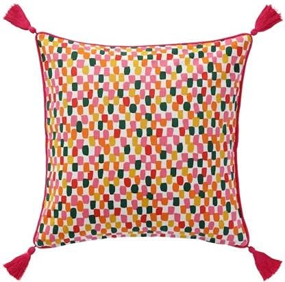 A photo of an Ikea Colorful cushion cover with different patterns on both sides, pink piping, and corner tassels-50522728