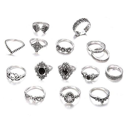 Digital Shoppy Retro Carved Crystal Flower Leaves Geometric Pattern Imitation Jewelry Silver plated base Unique Finger Ring Set for Women - 15 Pieces -X0014TARBL silver finger ring online low price