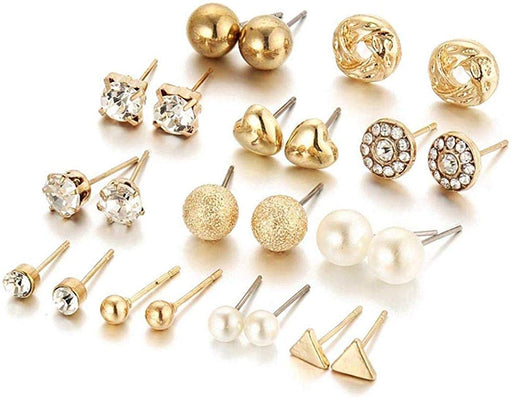 A set of 12 pairs of women's stud earrings, featuring various designs with crystals and simulated pearls.