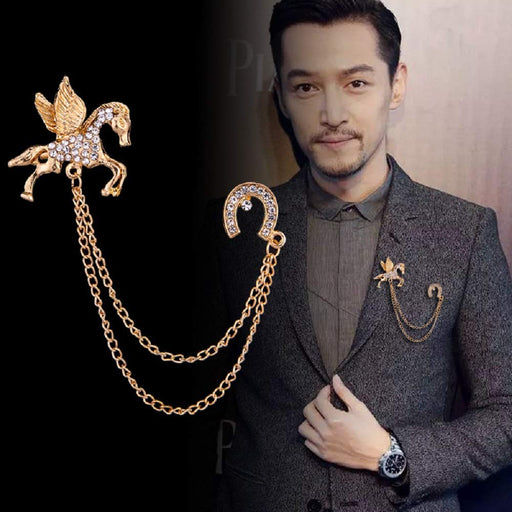 Digital Shoppy High-end Retro Style Crown Bird Tassel Chain Lapel Pin Angle Wings Badge Corsage Brooches for Suit Collar Jewelry Accessories for Men and Women