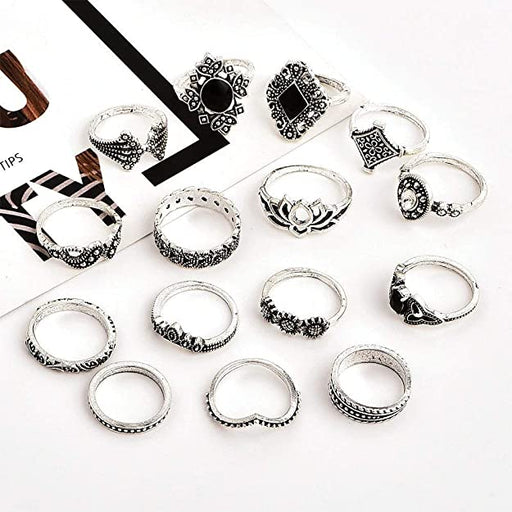 Digital Shoppy Retro Carved Crystal Flower Leaves Geometric Pattern Imitation Jewelry Silver plated base Unique Finger Ring Set for Women - 15 Pieces -X0014TARBL silver finger ring online low price