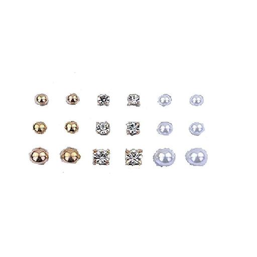 A set of 9 pairs of assorted pearl and crystal metal stud earrings for women, featuring simulation pearl and crystal in different styles and designs.