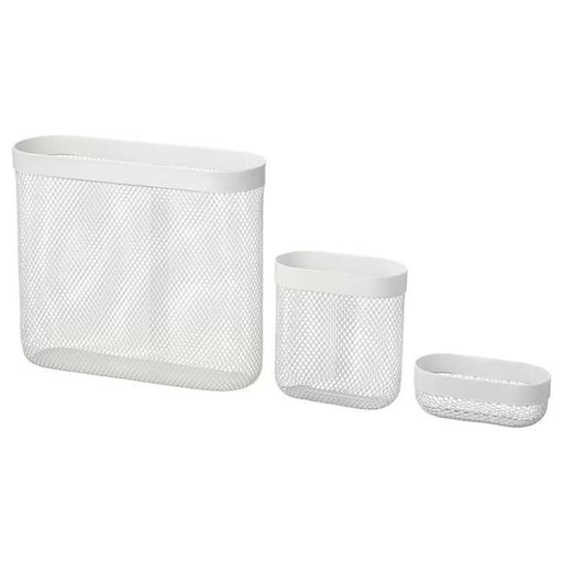 Set of 3 white storage baskets, designed to fit onto an IKEA pegboard, made of durable material. 10517762